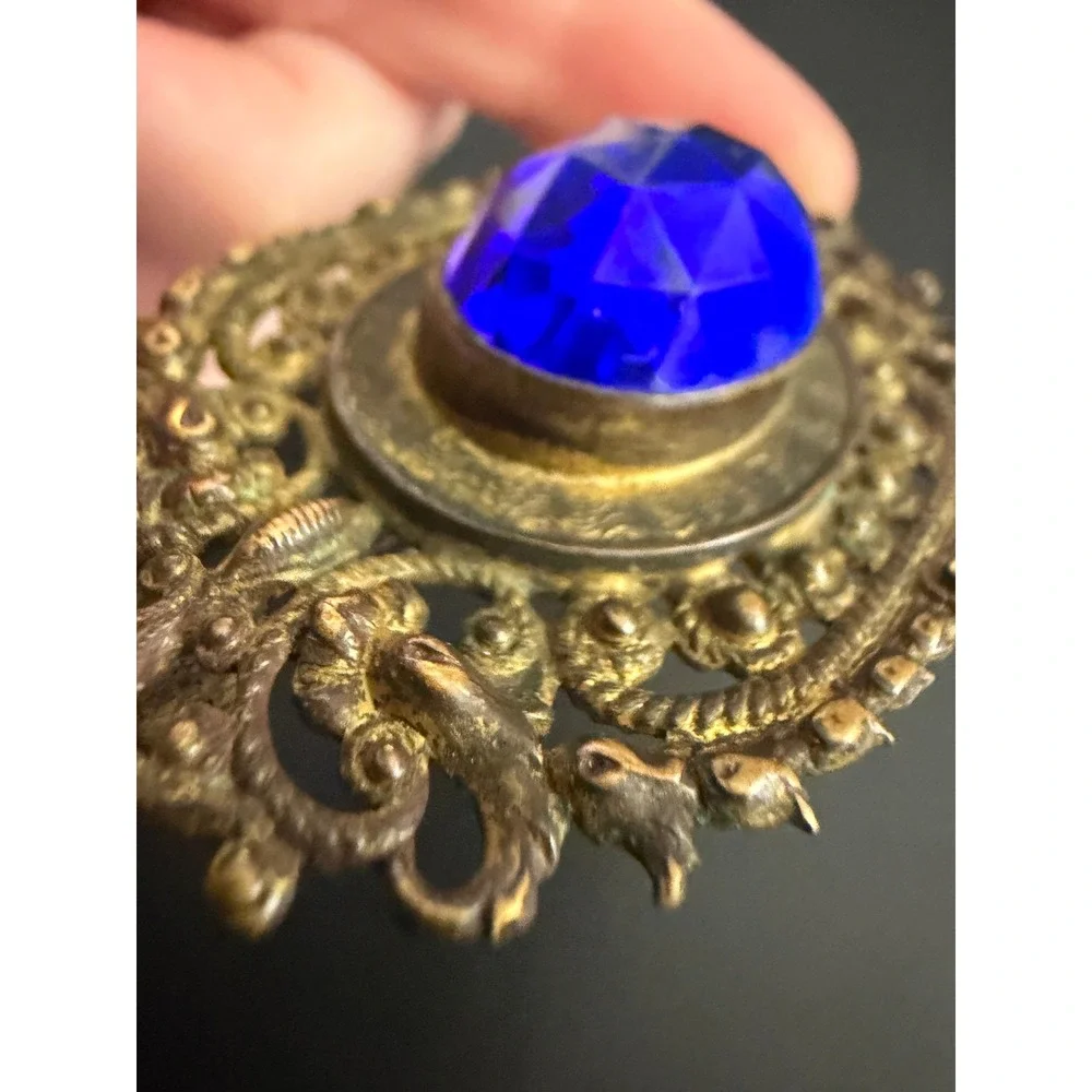 Vintage Rhinestone Sash Pin Brooch Victorian Revival Cobalt Blue